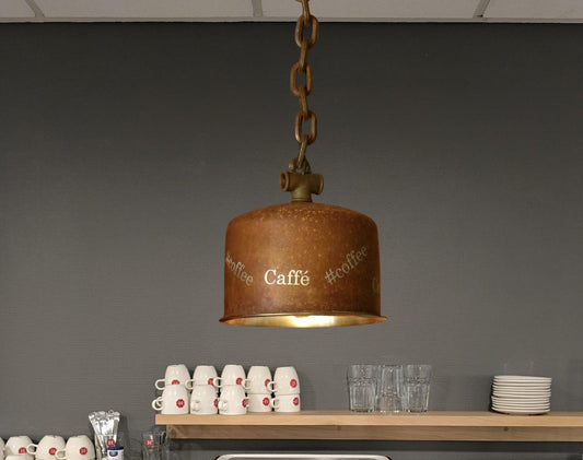 Industriële hanglamp "Rusty" met koffie tekst