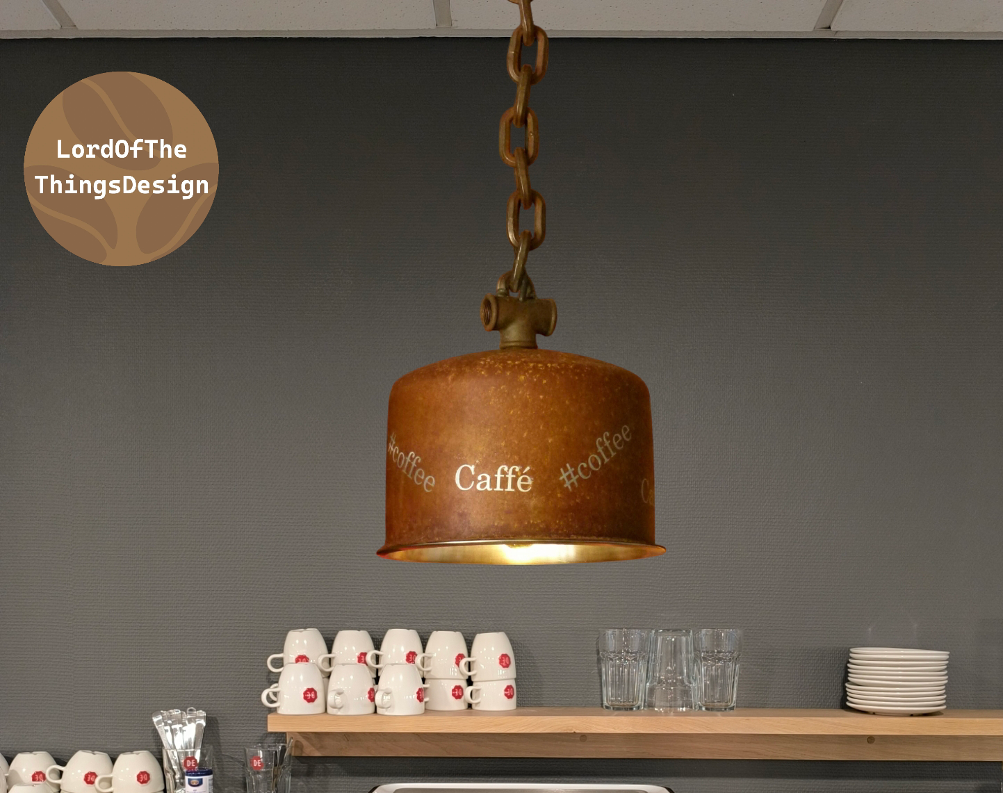 Industriële pendant lamp "Rusty" met koffie tekst