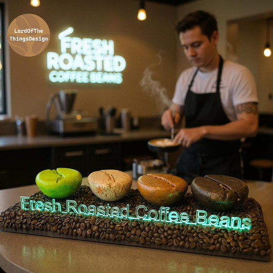 Reclame Display met indirect verlichtte tekst Fresh Roasted Coffee Beans. Geschikt voor promotie doeleinden