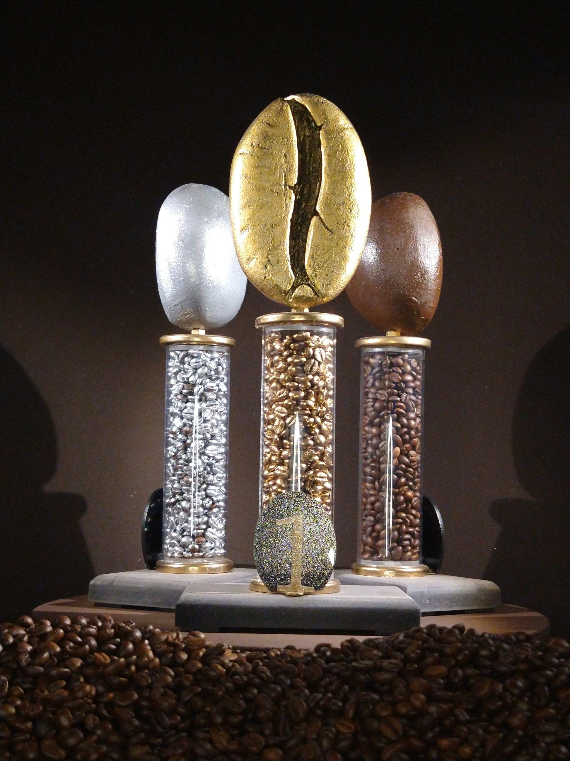 koffie trofee 1,,2 en 3e plek. goud zilver brons