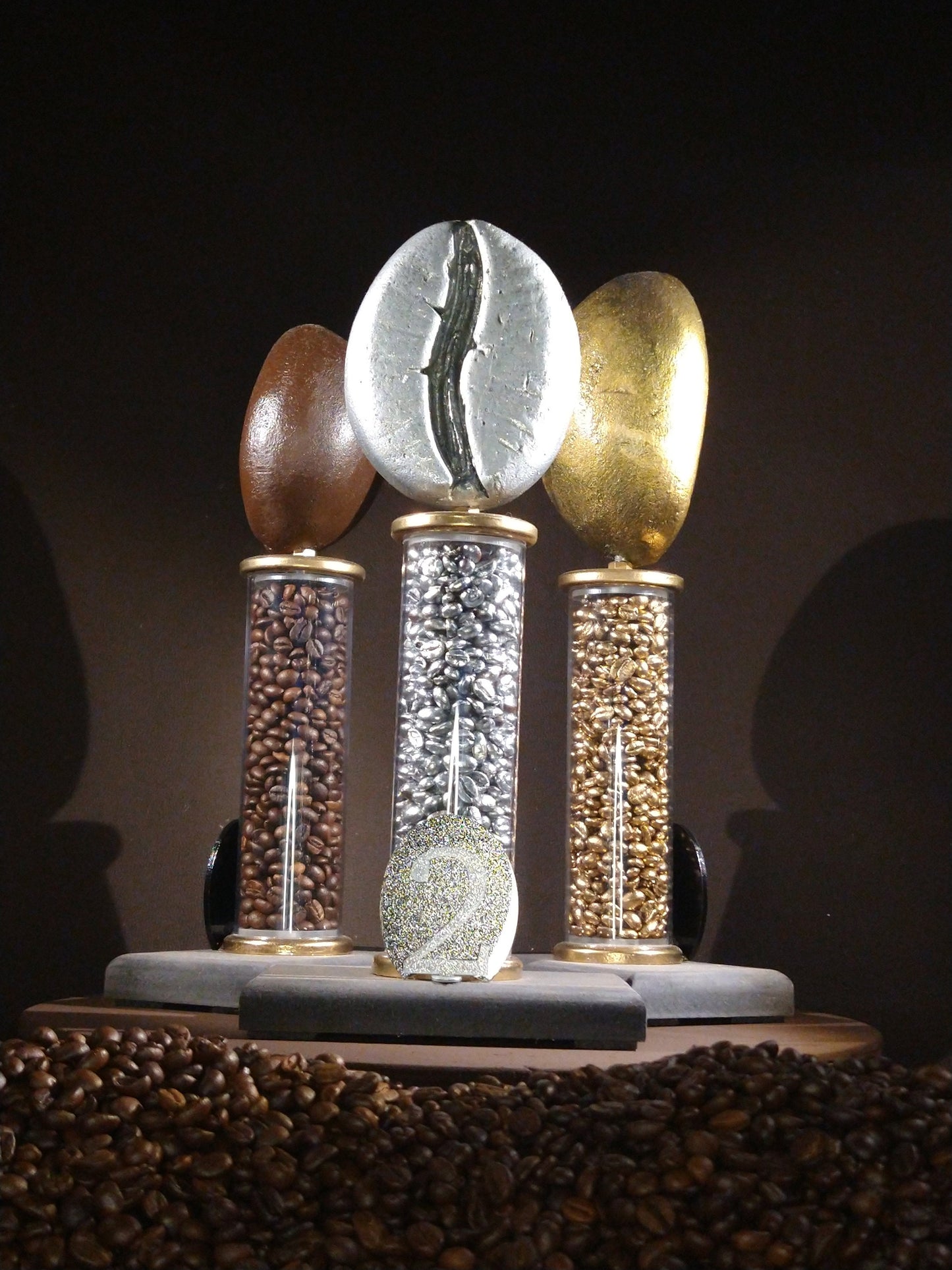 koffie trofee 1,,2 en 3e plek. goud zilver brons