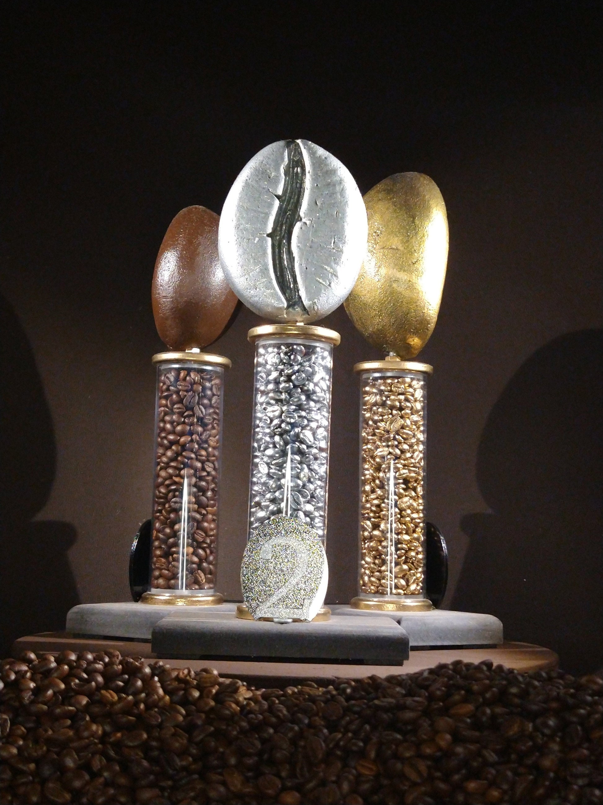 koffie trofee 1,,2 en 3e plek. goud zilver brons
